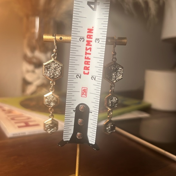 3 tier dangle earrings gold and black sparkle quartz rock octagon shaped 3” long - Picture 13 of 14